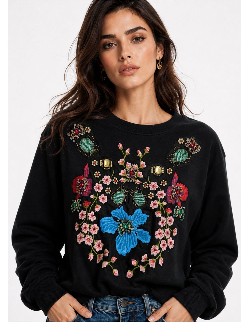 7 For All Mankind Statement Embellished Sweatshirt | Floral & Jewel Detail Sz:XS